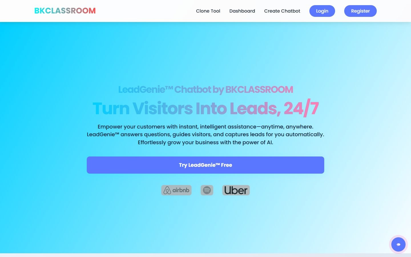 bkclassroom.com homepage with the chatbot product