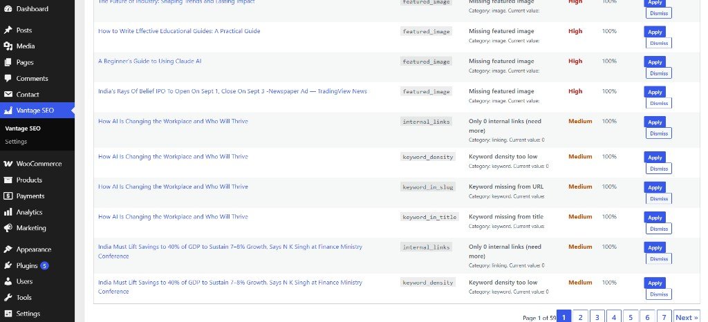 Vantage SEO recommended fixes list with Apply and Dismiss actions