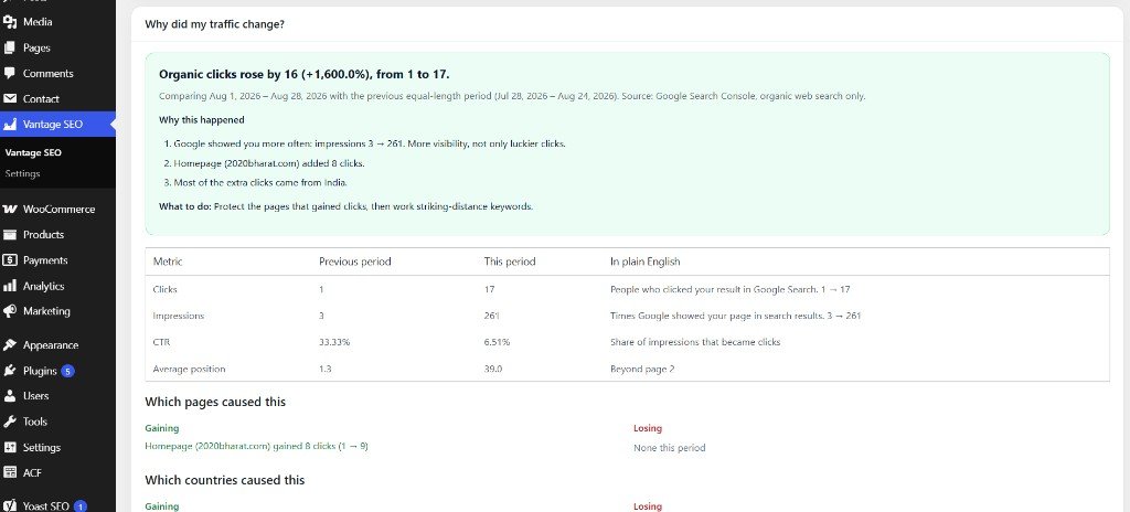 Vantage SEO traffic screen explaining why organic clicks changed using Search Console data