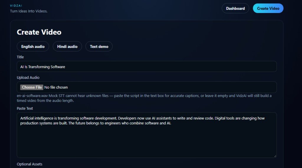 VidzAI create form with English audio, Hindi audio, text demo, title, upload and pasted script